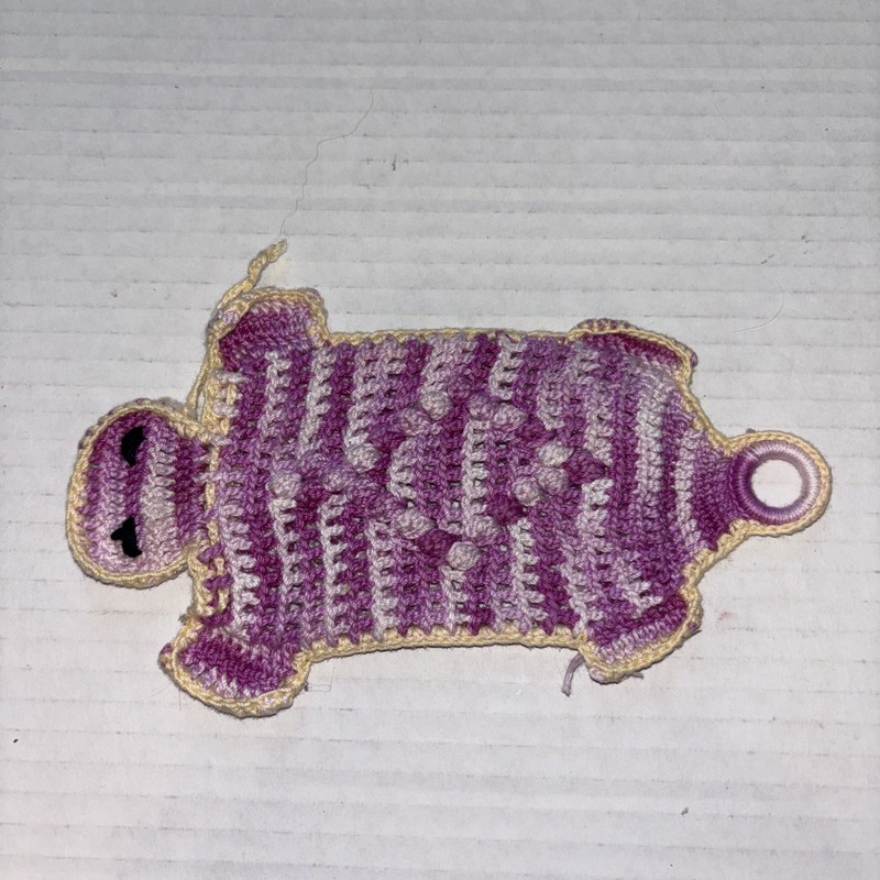 Vintage crocheted one-of-a-kind purple lizard with tail ring to hang striped