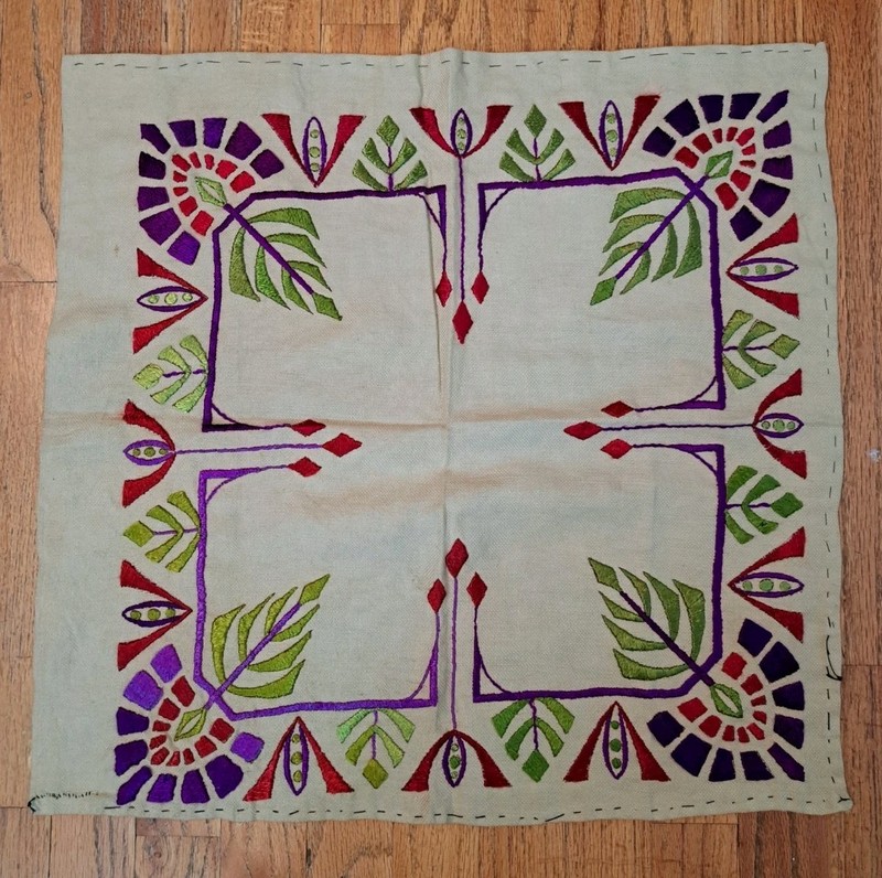 Geometric Embroidered Stylized Leaves Floral Motifs 19×18.5 Inch Unfinished