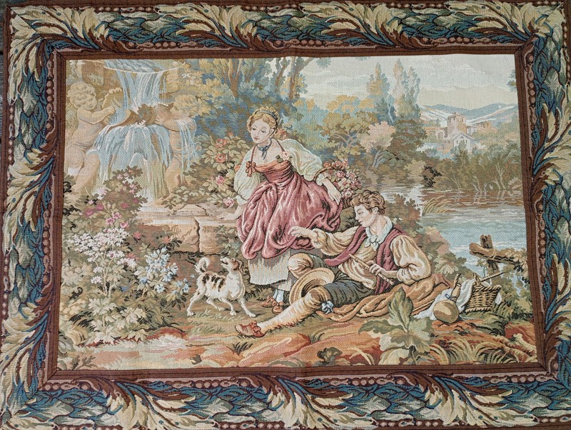 Italian Tapestry Romantic Wall Hanging Outdoor Scene Man Woman Cherub Dog Castle gallery