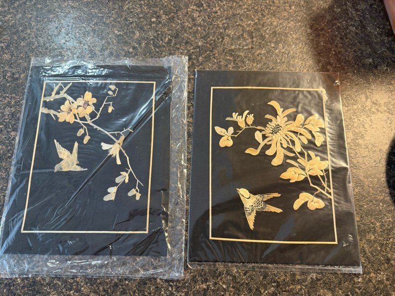 Vintage Hand Cut Painted Wheat Stalk On Silk Birds Cherry Blossom Chrysanthemum