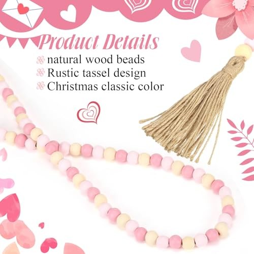 9.8ft Valentine's Day Wood Bead Garland with Tassels, 118 Inches Boho Pink gallery
