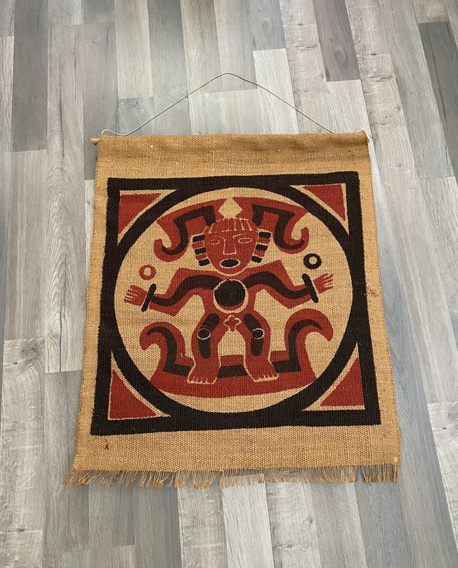 Mid Century Modern Print Burlap Mesoamerican Tapestry Art Wall Hanging Textile
