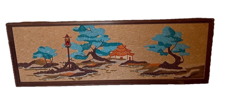 MCM MID-CENTURY MODERN Pebble Gravel Art Asian Landscape on Burlap Pagoda FRAMED gallery