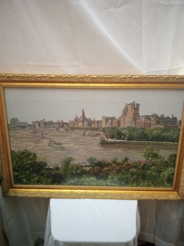 INCREDIBLE EMBROIDERED SCENE OF CITY BY THE WATER