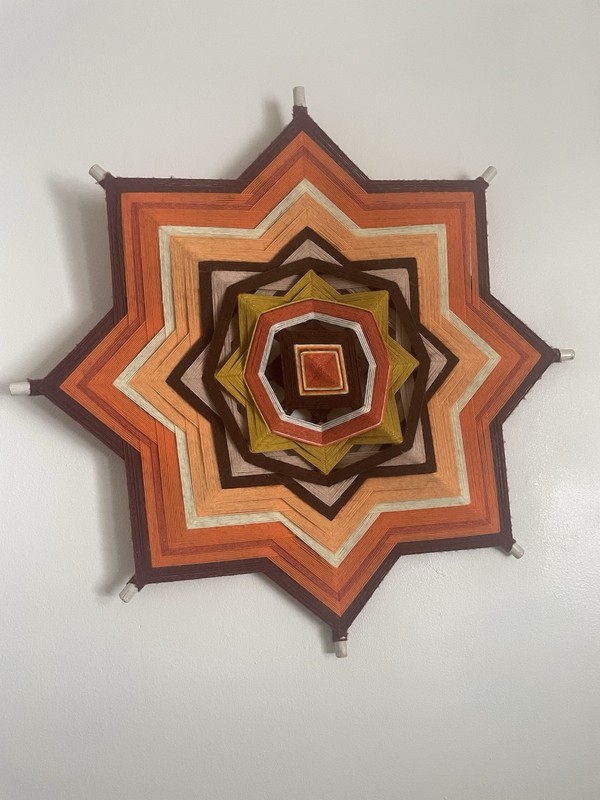 Vintage 70s God’s Eye Yarn Mandela Orange Brown Yellow Large 24” Boho Hippie