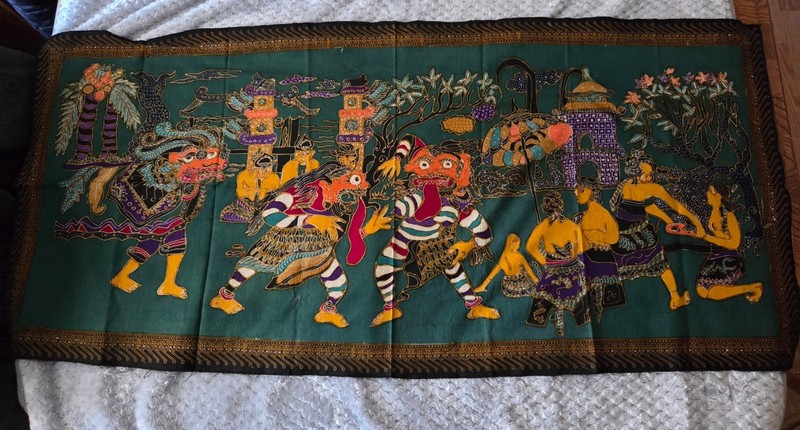 Asian textile tapestry runner 41″ x 19.5″ cotton blend Dragon masks