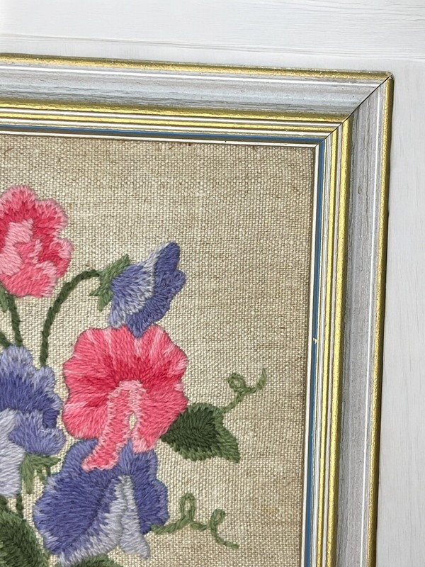 Crewel Embroidered Flower Framed Art 8 & 3/8” Square Vintage Cottage Floral gallery