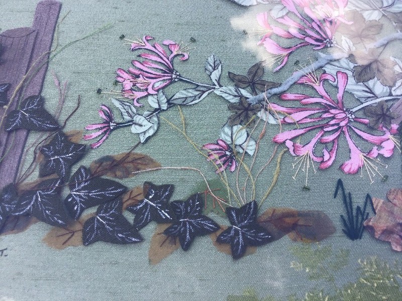 Beautiful F/G Applique “Honeysuckle & Ivy on Fence” Jean Hulett 46.5cm X 38.5cm gallery