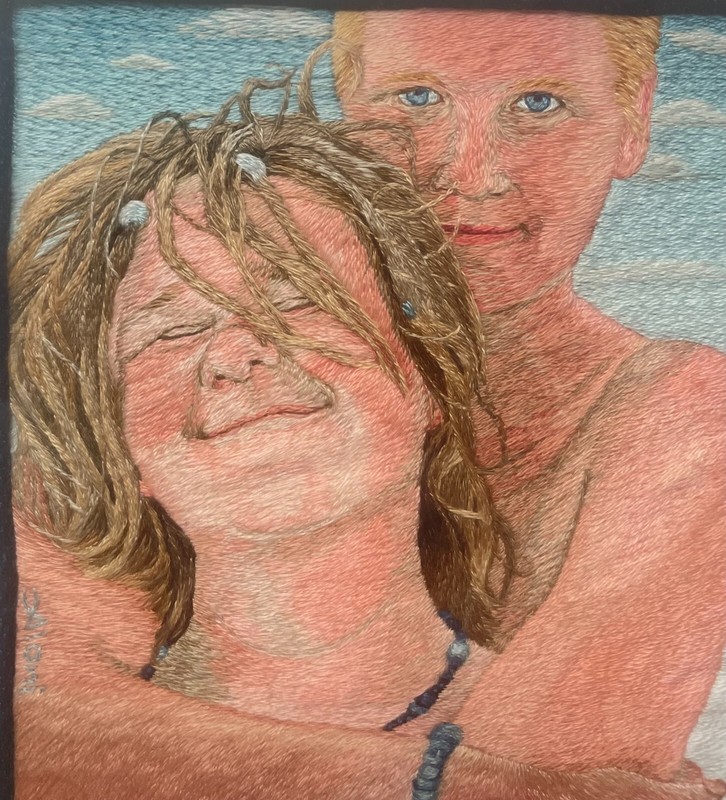 Rare MICAL ALONI 'Seventh Heaven" Couple in LOVE EMBROIDERY Portrait - ISRAELI gallery