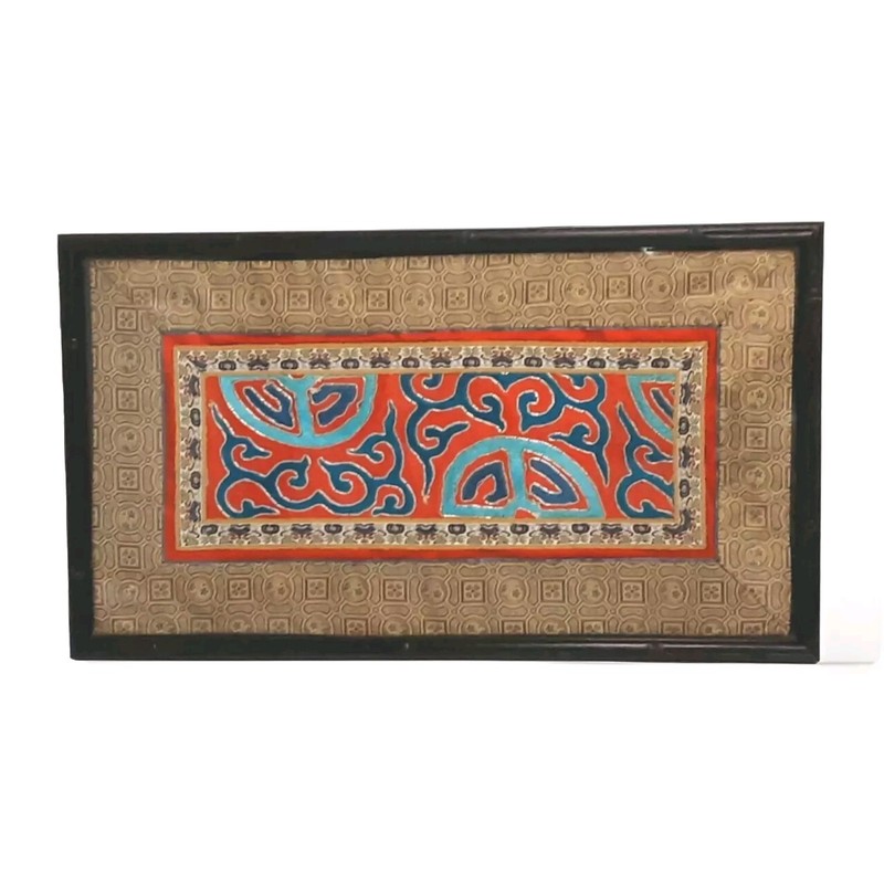 Vtg Embroidered Folk Art Silk Panel W Applique Framed 17"x10" Asian MCM gallery