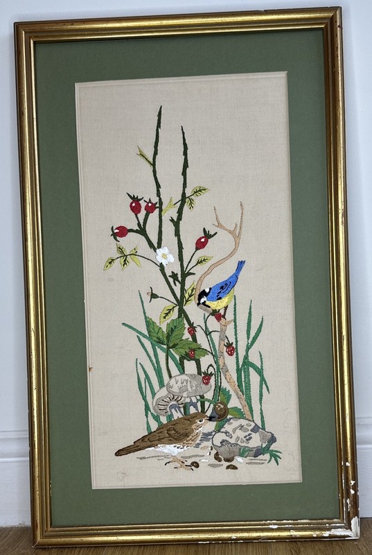Vintage Embroidery Blue Tit & Song Thrush Signed 1984 53cm X 33cm framed