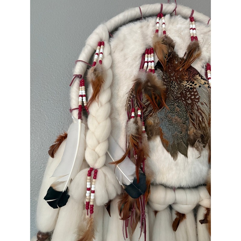 Vtg Signed Navajo Mandala Wall Hanging - Large Feather Shield 25x50” gallery