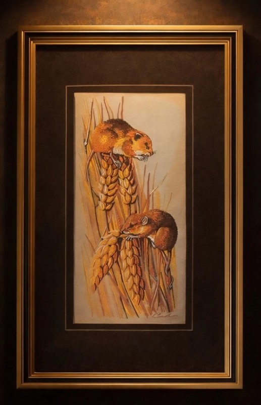 Vintage Cash’s Woven Silk Picture Harvest Mouse Micromys Minutus Framed UK