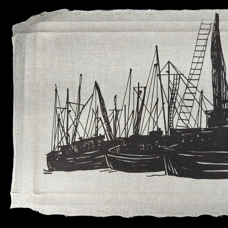 Vintage 1970s Ships Marushka Canvas Screen Print Wall Art 12 x 24 in Black Tan gallery