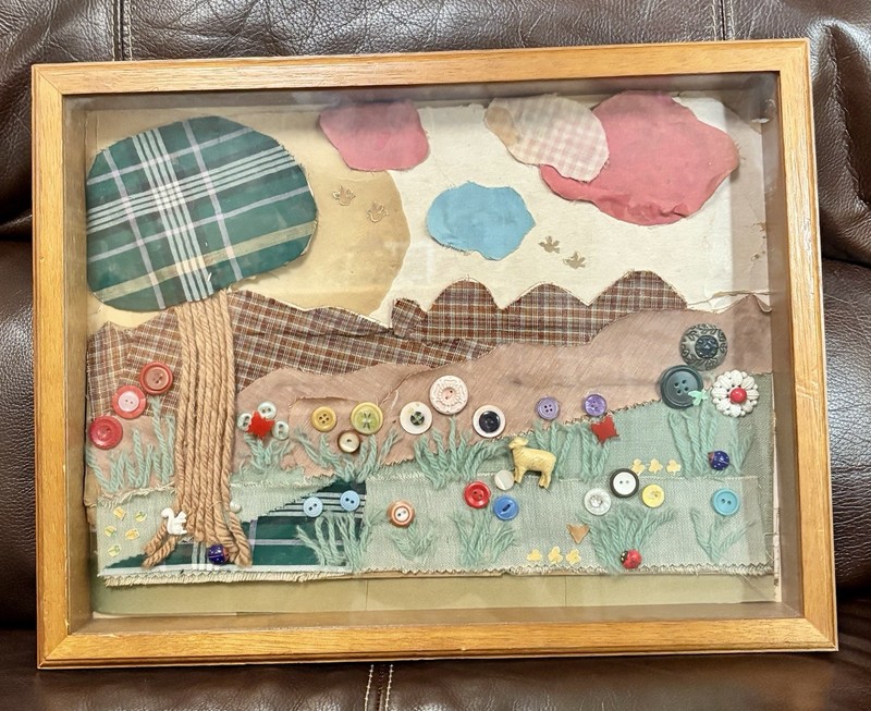 VTG Folk Art Textile/Button Wooden Collage Shadow Box-Sunny Meadows Grandma Core