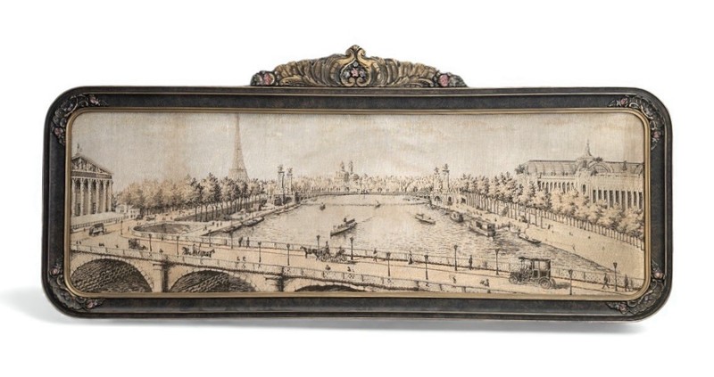 Paris Tapestry Large Panorama circa 1900 Seine Embankments Eiffel Tower 56×25