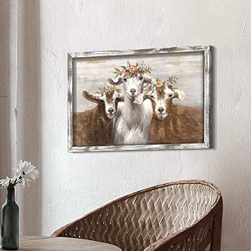 Goat Wall Art Framed Decor: Bathroom Farmhouse Country Animal Portrait Wood gallery