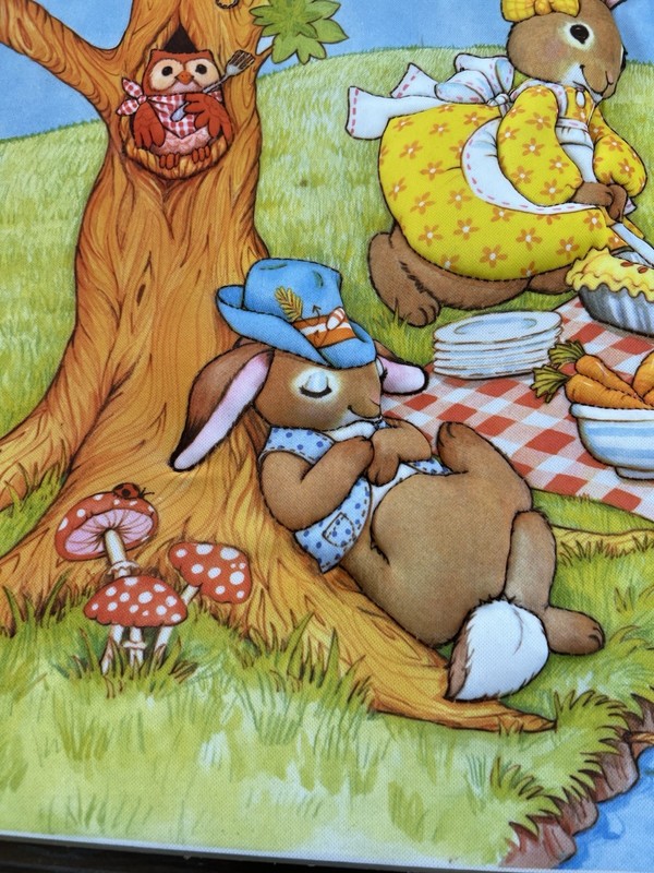 Vintage 3 -D Hand quilted Framed Bunny Family Picnic At The Pond 25” x19” gallery