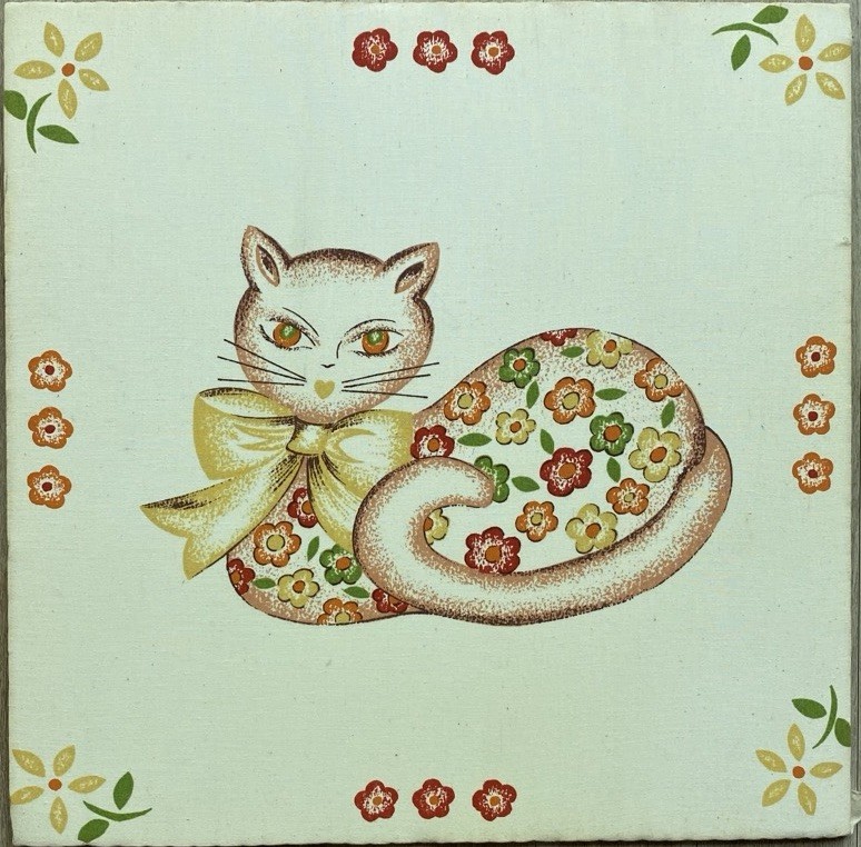 Vintage Cat Fabric Panel Wall Hanging 16″ MCM Retro Grannycore Cottagecore Boho