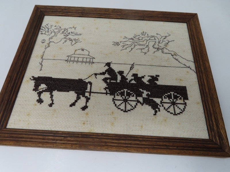 Folk Art Farm CROSS STITCH «The Country Sunset» Framed Folk Wagon ROCKOME GARDEN