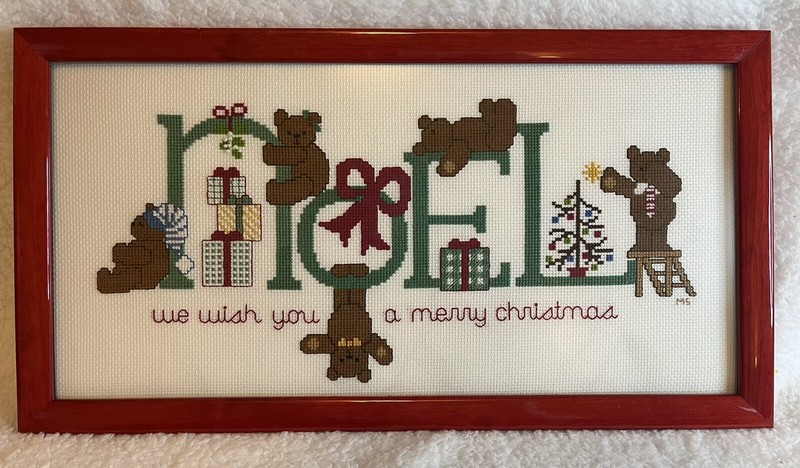 Christmas Teddy Bear Cross Stitch Red Framed Picture ~NOEL~ 17x9