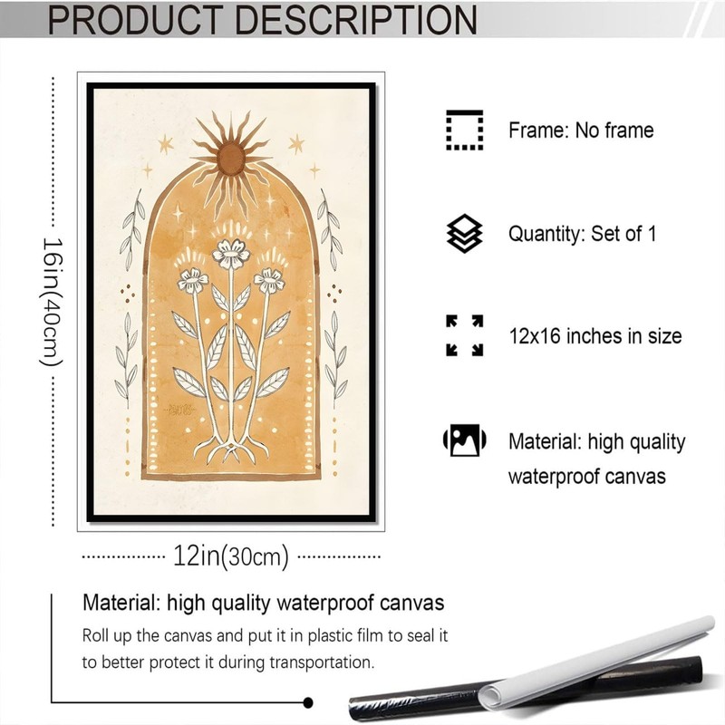 2Pcs Vintage Boho Sun and Moon Canvas Wall Art Sunflowers Pictures Spiritual ... gallery