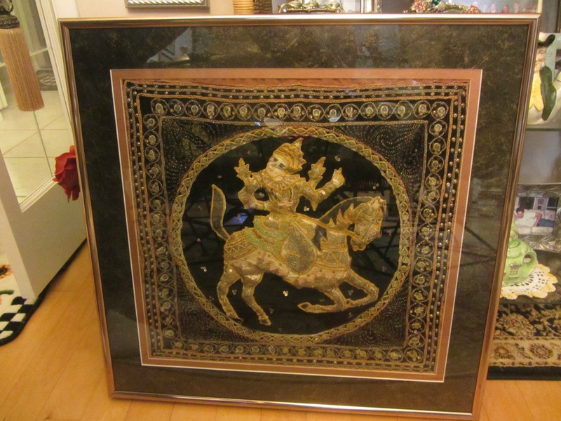 Vintage Raised Cloth/Textile/Bead 3D Picture Chinese Scene 25″X25″