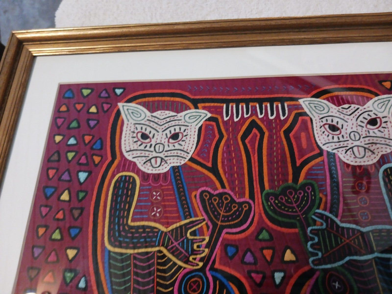Vintage Kuna Mola Panama Framed Fabric Art "Sassy Cats" gallery
