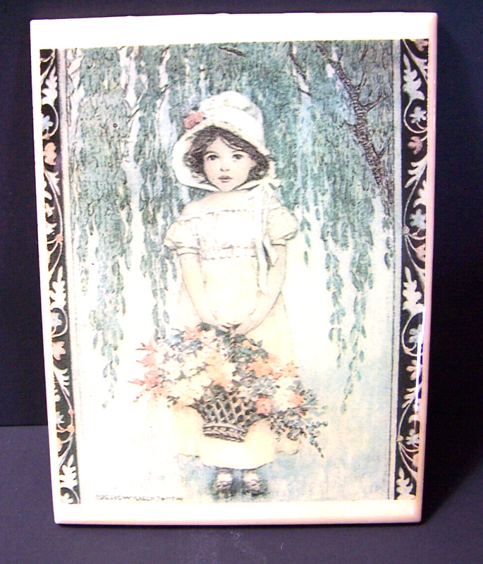 Vintage Rebecca's Portrait Tile Flower Basket By Jessie Wilcox Smith 6 x 4.5"