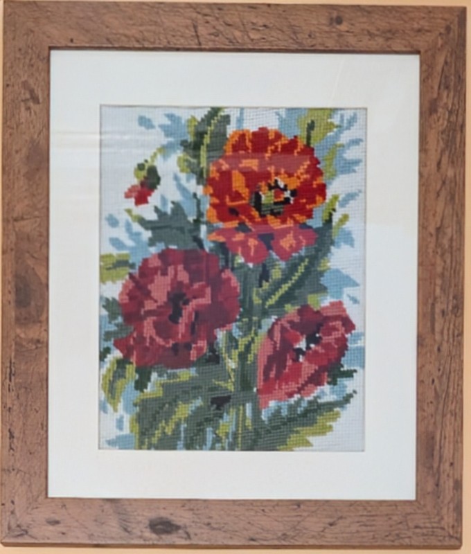 Vintage Stylish Framed Needlework/Cross-Stitch Picture Of Flowers