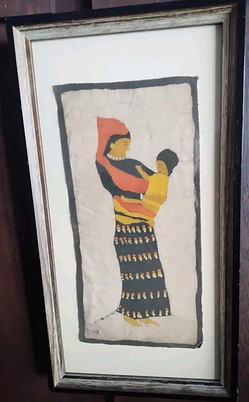 Vintage Batik Eastern Tamang Nepal Mother & Child Baby Framed Wall Art Colorful
