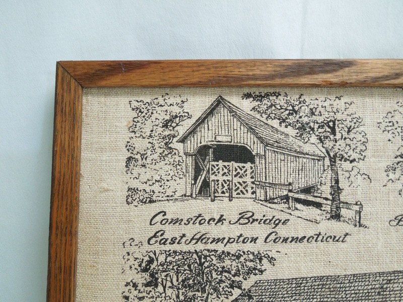 Vintage Warren Boucher New England Covered Bridges on Burlap in Oak Wood Frame gallery