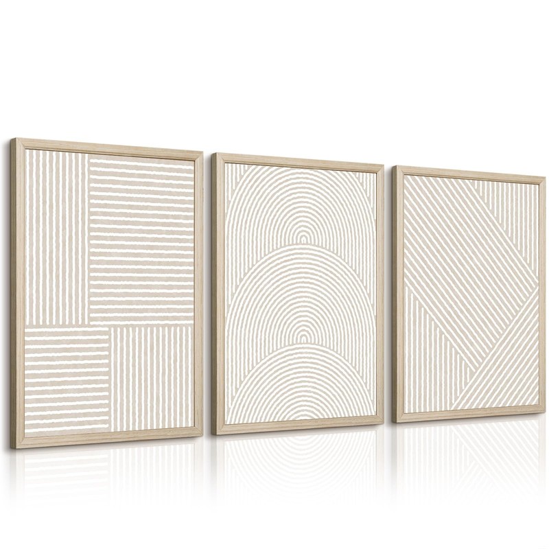 Beige Abstract Wall Art Pictures Set of 3 Boho Modern Canvas Wall Decor Neutr…
