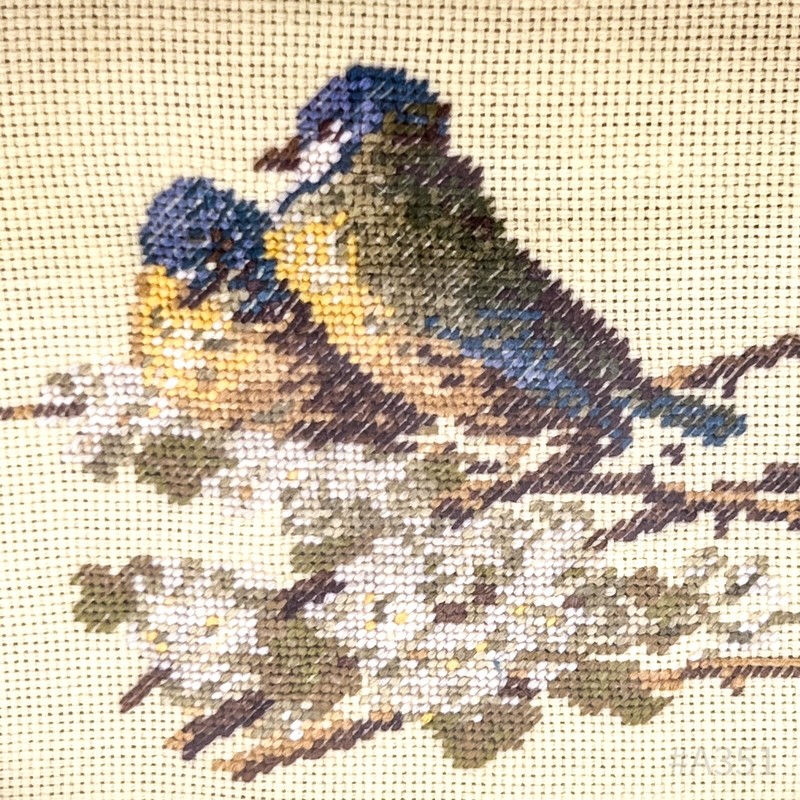 Vintage Tapestry Knitting Picture by Maria Schaff “Meisen” 1984, Framed gallery