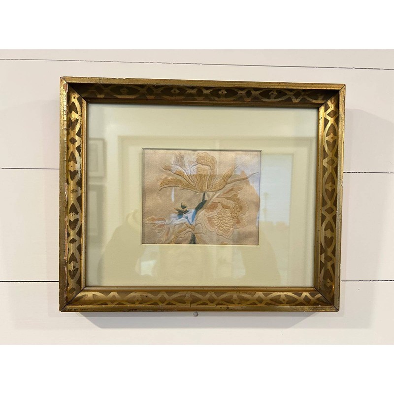 Vintage Framed Embroidered Floral Textile (crewel- style) Gold Frame MCM gallery