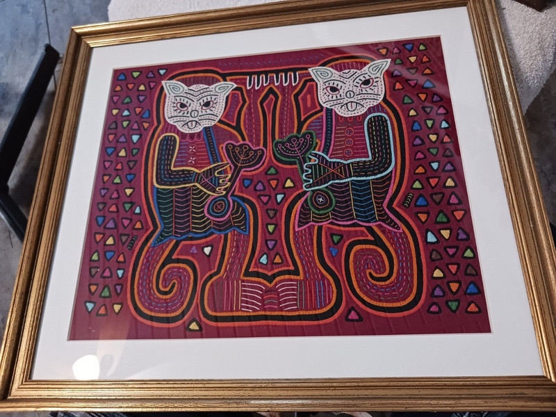 Vintage Kuna Mola Panama Framed Fabric Art «Sassy Cats»