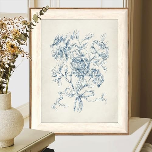 Framed Vintage Wall Art for Bathroom, Botanical Blue 16"L x 12"W Blue flower gallery