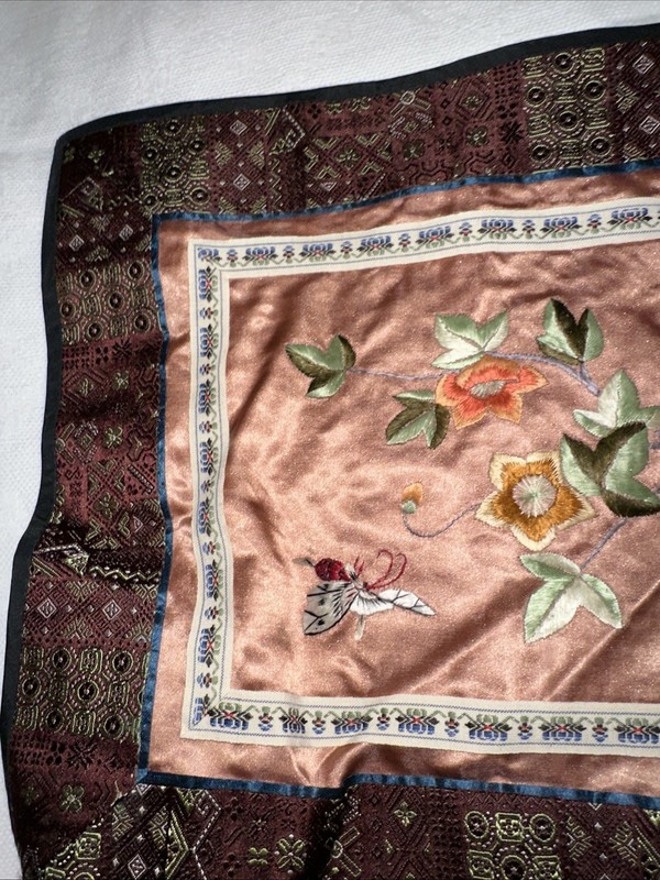 Vintage Silk Embroidered Butterfly Flower Square Earth Tones 9.75 X 11” gallery