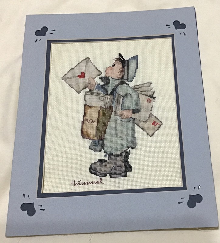 Hummel Postman counted cross stitch on cream Aida cloth Double Matted 11” X 14”