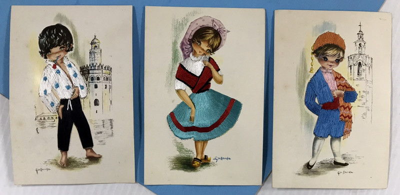 3x Vintage GALLARDA BIG EYE Silk EMBROIDERED Postcards from SPAIN *LOOK! #24