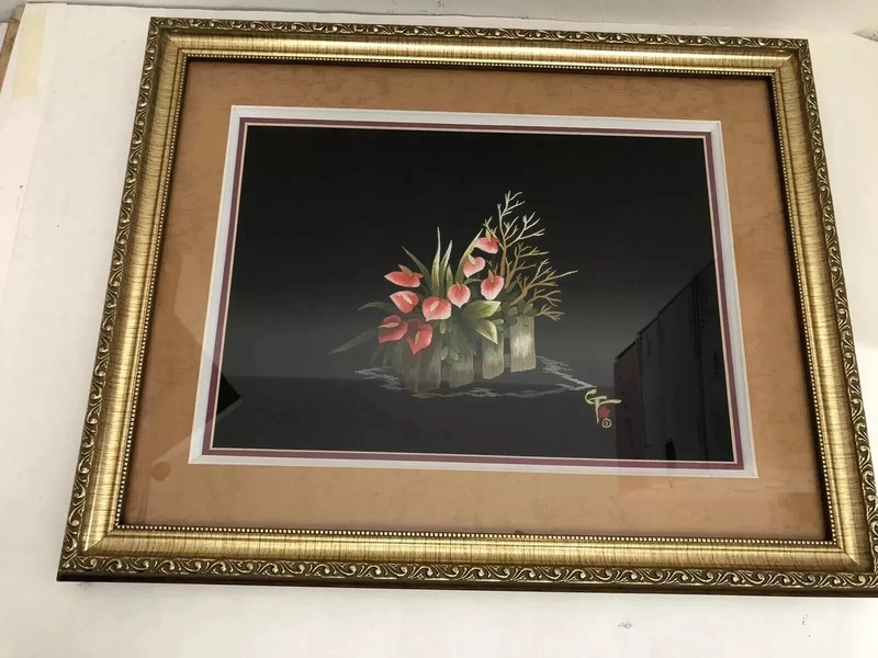 Silk Floral Wall Art Hand Made Embroidery Framed and Matted 20″ X 16″