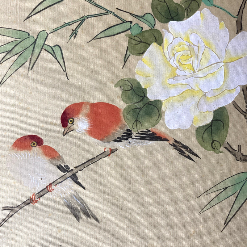 Vintage 12"x9" Japanese Art Orange Robins Birds on Branch Painted Silk Framed gallery