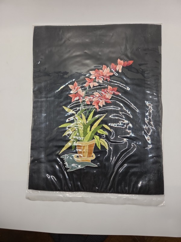 Handmade Silk Embroidered Tapestry Ft A Vibrant Floral Bouquet In A Small Pot
