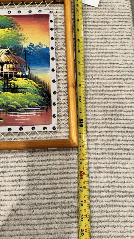 Framed Textile Wall Hanging Landscape Houses Lake Trees Flowers Wood 14x18" gallery