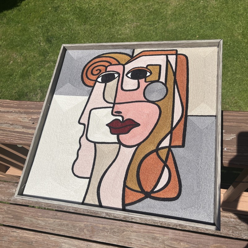 Abstract Embroidered Textile Wall Art Picasso Face Cubism Modern Colorful 17x17" gallery