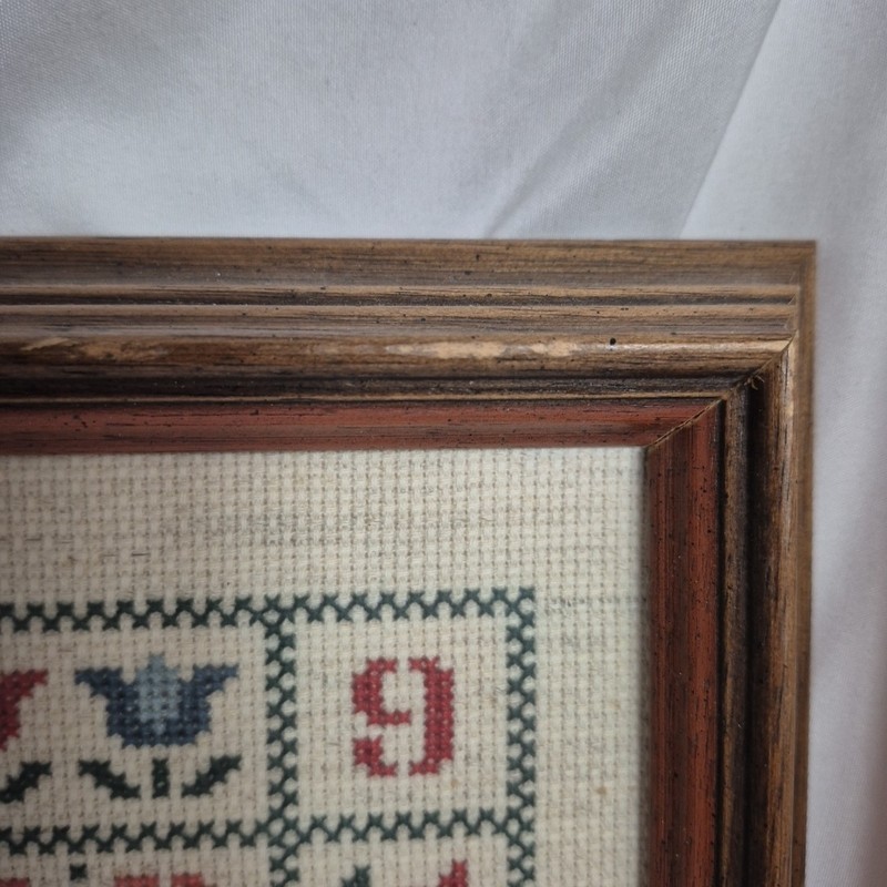 VTG Framed Needlepoint Cross Stitch Friend 1985 floral Design Rustic Handmade gallery