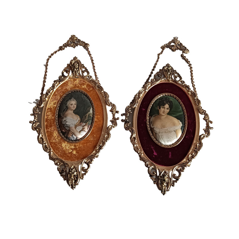 Vintage Italian Oval Wall Hangings – Brass Frame Print Silk Lady Portraits