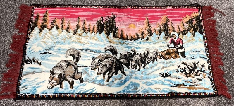 Sled Dog Winter Scene Tapestry Wall Hanging Red Sunset Folk Art Fringe Ends