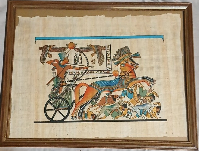 Adel Ghabour Hand Painted Papyrus Ramses II Chariot Egyptian Framed Tapestry