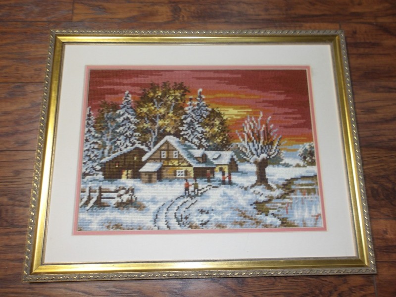Hand‑stitched textile art winter landscape, frame measures 21 1/4" x 16 3/4" gallery